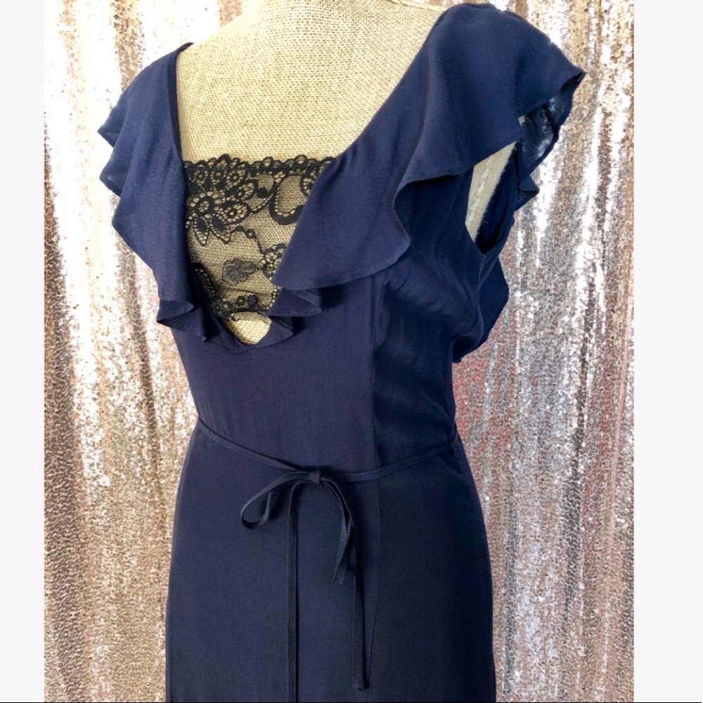 Navy Blue & Black Lace Plunging Double Split Hem Midi Slip Dress - Picture 3 of 10